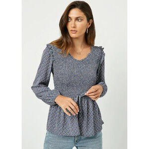 HAYDEN Laura Blue Floral Smocked Ruffle Blouse Medium